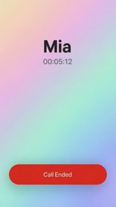 通話結束畫面，顯示聯絡人姓名 Mia 和通話時長 00:05:12，背景為粉彩漸變色。