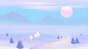 粉紅太陽下，蜿蜒小徑穿過有山有樹的雪地風景。 — 極簡美學 壁紙