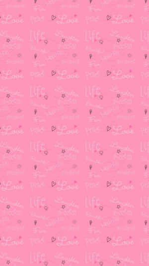 粉紅色背景，重複 love life 和 laughter 等草書字詞，並帶有細小的心形和星星。 — 可愛 iPhone 壁紙