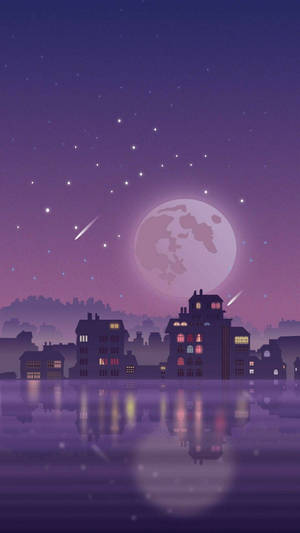 夜晚的城市天際線，月亮和星星倒映在水中 — 夜空 壁紙