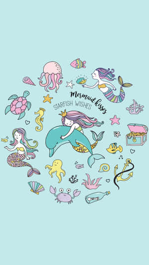 美人魚、海豚和海洋生物在一個俏皮的水下幻想場景中。
