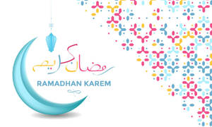 Ramadan Kareem 祝福，帶有新月、燈籠和彩色圖案