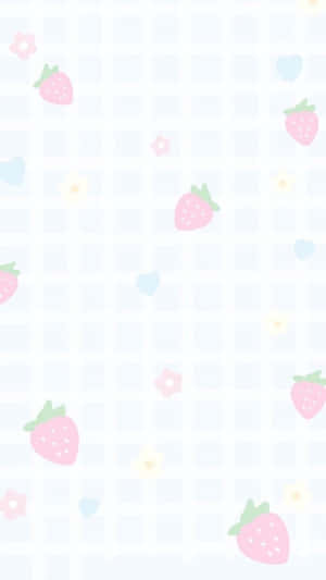淺藍色網格背景上的粉彩草莓和花朵。 — 粉彩粉紅色 壁紙
