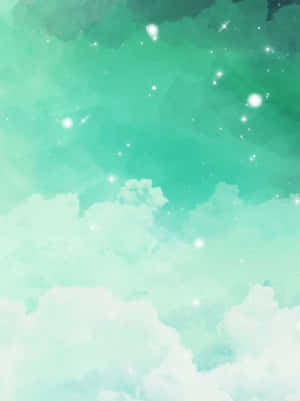 薄荷綠水彩天空，帶有雲朵和閃爍星星 — Kindle 壁紙