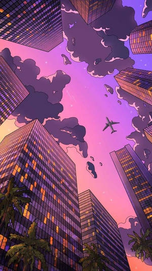 黃昏時分高聳的城市建築，一架飛機穿過紫色雲層。