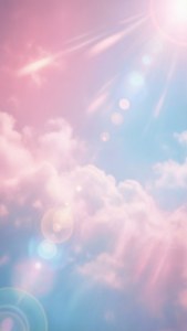 粉彩天空，蓬鬆雲朵與發光陽光營造寧靜夢幻氛圍。
