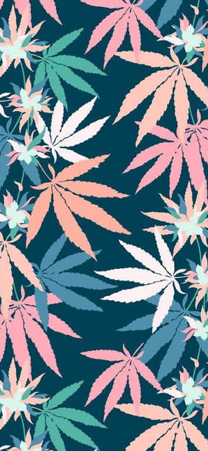 粉彩粉紅和青綠色大麻葉在海軍藍背景圖案上。