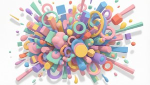 在白色背景上，幾何形狀的彩色3D爆炸。