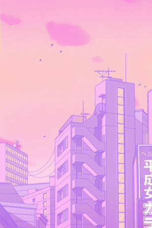 動漫城市景觀，粉紅色和紫色的建築物和天空中的飛鳥。 — 柔粉 壁紙