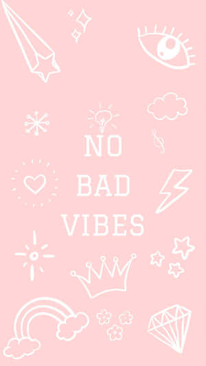 粉紅色牆紙，帶有白色塗鴉和文字 no bad vibes。