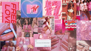 粉紅色1980年代流行文化拼貼畫，包含雜誌、美容產品和MTV品牌標誌。