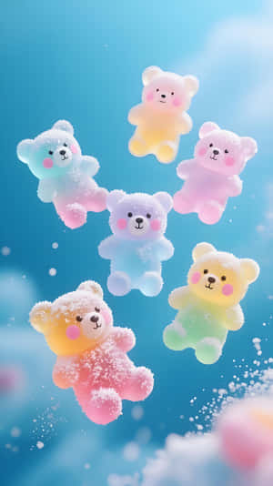 六隻色彩繽紛的泰迪熊漂浮在雪白的藍色天空中，閃爍著光芒 — 蘋果 壁紙