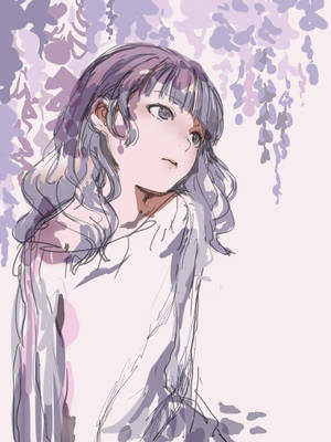 動漫女孩，薰衣草色頭髮，在懸掛的紫藤花下，柔和的粉彩調。 — 柔粉 壁紙
