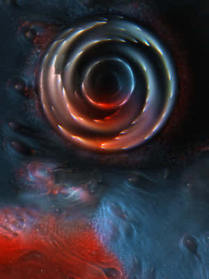 一個發光的宇宙漩渦，在深空中帶有紅色和藍色星雲。