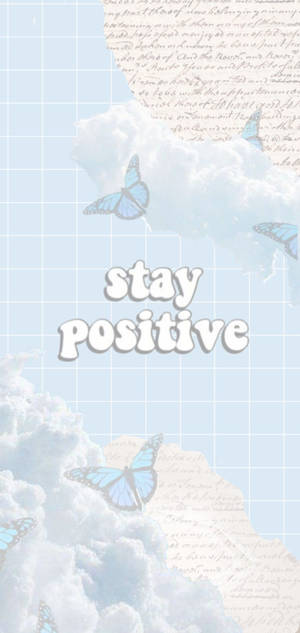 藍色蝴蝶在雲朵中飛翔，網格背景上帶有「stay positive」的訊息。
