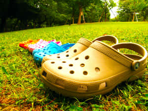 色彩繽紛的Crocs鞋排列在草地上，後面有樹木。