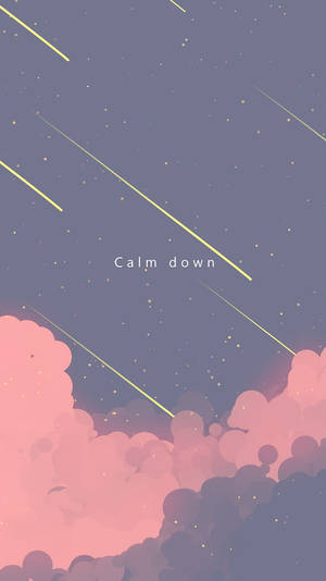 粉紅雲喺佈滿星星嘅紫色天空下，有發光黃色線條同 calm down 文字。 — 藍色美學 壁紙
