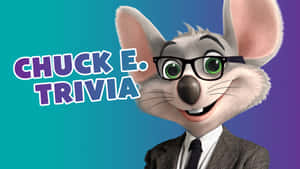 Chuck E. Cheese 吉祥物戴眼鏡和西裝，在漸變背景上帶有問答文字。