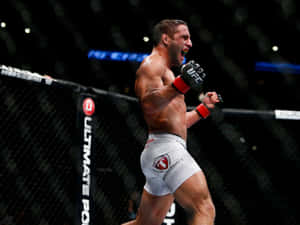 MMA拳手在UFC八角籠中慶祝勝利。