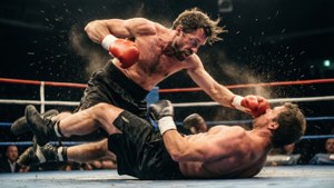 拳擊手在擂台上擊中對手擊倒拳，塵土飛揚。