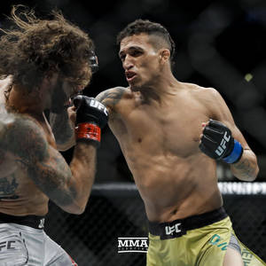兩名男性MMA拳手在八角形鐵籠內互相出拳。