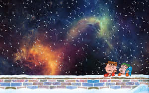 兩個卡通小孩在色彩繽紛的星空下仰望積雪的磚牆。