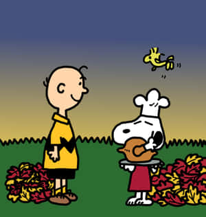 Charlie Brown 同 Snoopy 喺秋天落葉中同火雞一齊（黃昏）