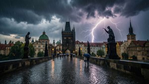 人們撐著雨傘在閃電風暴中穿過查理大橋。
