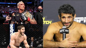 兩名 UFC 拳手慶祝勝利，一人手持冠軍腰帶，另一人對著麥克風講話。