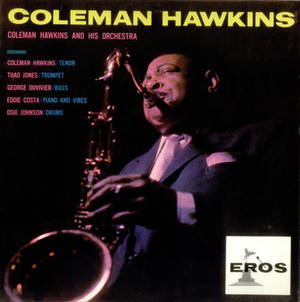 Coleman Hawkins 在帶有紫色燈光的爵士專輯封面上演奏次中音薩克斯風。 — 音樂美學 壁紙