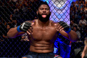 一位勝利的MMA鬥士在八角籠內慶祝，背景有粉絲。