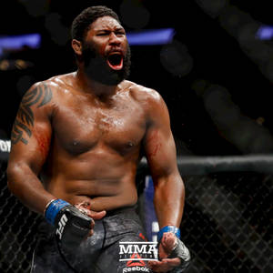 MMA拳手在八角籠內以血跡斑斑的臉和張開的嘴慶祝勝利。