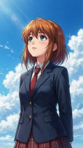 穿著校服的動漫女孩在明亮的藍天白雲下