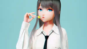 穿著校服的動漫女孩在青綠色背景前拿著黃色棒棒糖。 — 可愛動漫女仔 壁紙