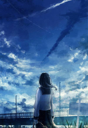 穿著校服的動漫女孩仰望有流星軌跡的星空夜空。