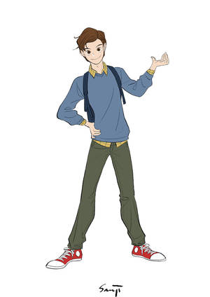 動漫角色男孩穿著藍色毛衣和紅色運動鞋，微笑並做手勢。 — 美學男孩 壁紙