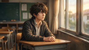 動漫男孩坐在學校書桌前，望著雨痕斑斑的窗外。