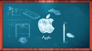 Apple iPhone 技術藍圖草圖，繪於藍色黑板及木框上。