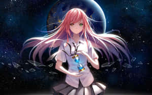 粉紅色頭髮的動漫女孩在太空靠近行星處手持發光沙漏。 — 動漫女孩 壁紙
