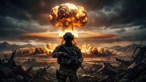 身穿戰鬥裝備的士兵站在核蘑菇雲下的廢墟景觀中。 — 使命召喚：現代戰爭 壁紙