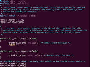 在紫色背景和青綠色文字的終端機中顯示的 Linux 核心模組原始碼。 — 電腦 GIF 壁紙