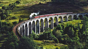 紅色蒸汽火車在綠色山谷中穿越石拱橋。 — 森林 壁紙