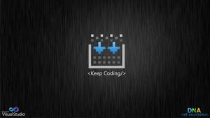 像素化藍色加號圖標，帶有 Keep Coding 文字，位於拉絲黑色金屬背景上。