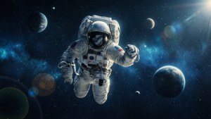 太空人在深空中於行星和恆星之間漂流。