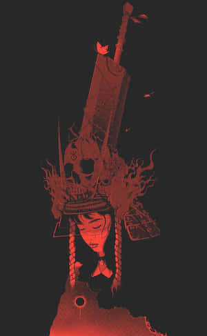 紅黑插圖的武士戰士，戴著骷髏頭盔和劍。 — 鬼滅之刃 壁紙