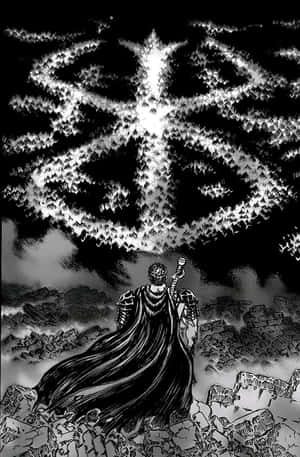 一個身穿盔甲和斗篷的戰士站在破碎的地面上，仰望天空中發光的鳥形印記。