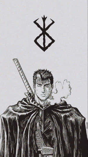 一個嚴肅的武士戰士披著斗篷，背著劍，在一個風格化的符號下抽煙斗。 — 動漫打鬥 壁紙