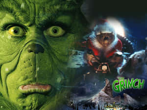 Grinch 乘坐雪橇在夜間飛越雪鎮。