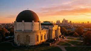 歷史悠久的圓頂天文台在日落時分俯瞰現代城市天際線。