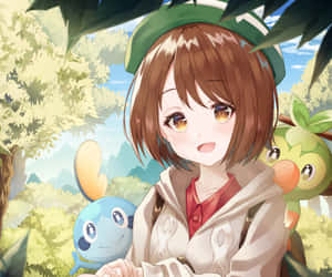 動畫女孩與寶可夢在森林中，在樹冠下溫暖地微笑。